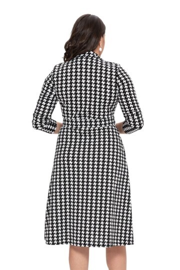 Kadın Truvakar Kol Gömlek Yaka Kemerli Kazayağı Desenli Çan Etekli