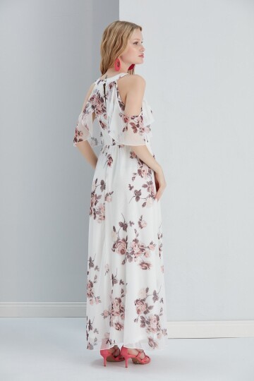 Kadın Tül Detaylı Omzu Açık Şık Rahat Kalıp Büyük Beden Abiye Elbise