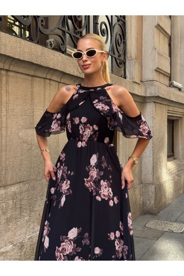 Kadın Tül Detaylı Omzu Açık Şık Rahat Kalıp Büyük Beden Abiye Elbise