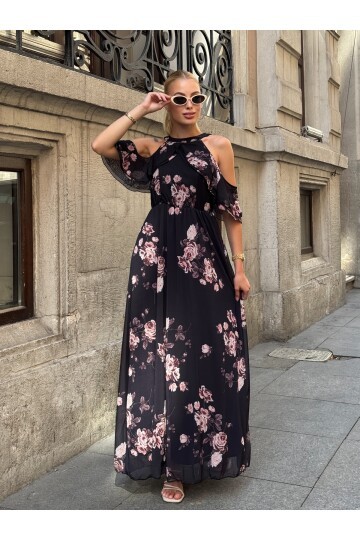 Kadın Tül Detaylı Omzu Açık Şık Rahat Kalıp Büyük Beden Abiye Elbise