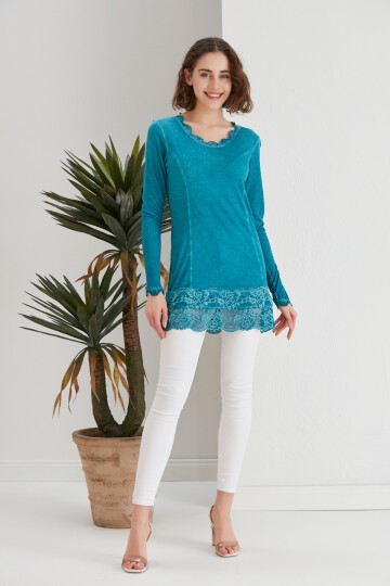 Kadın Turkuaz Mavi Dantel Detaylı Uzun Kol Curve Spor Şık Bluz Tunik