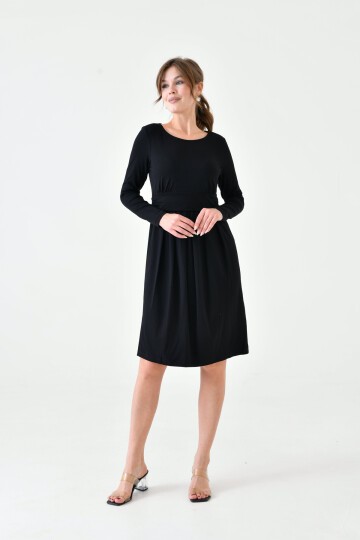 Kadın Uzun Kol Emzirme Detaylı Tesettüre Uygun Viskon Rahat Şık Midi Hamile Elbisesi