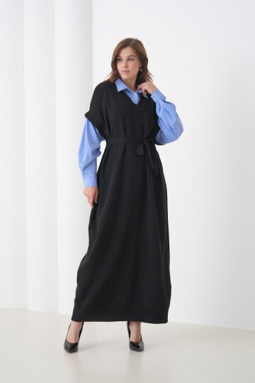 Kadın Uzun Kol Gömlek Yaka İçi Gömlekli Triko Kuşaklı Triko Spor Şık Elbise