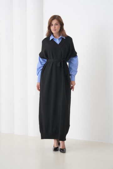 Kadın Uzun Kol Gömlek Yaka İçi Gömlekli Triko Kuşaklı Triko Spor Şık Elbise