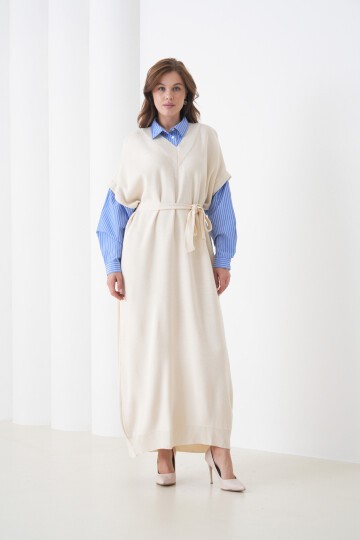 Kadın Uzun Kol Gömlek Yaka İçi Gömlekli Triko Kuşaklı Triko Spor Şık Elbise