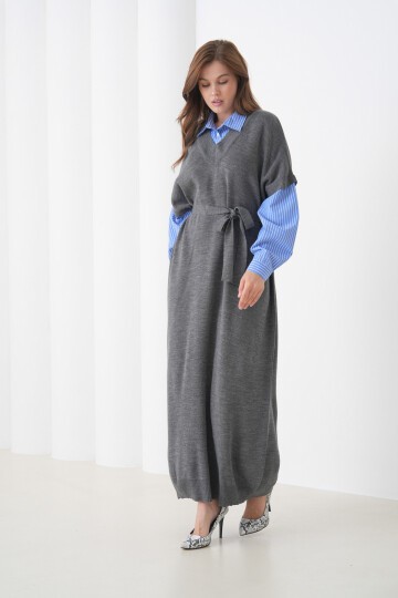 Kadın Uzun Kol Gömlek Yaka İçi Gömlekli Triko Kuşaklı Triko Spor Şık Elbise