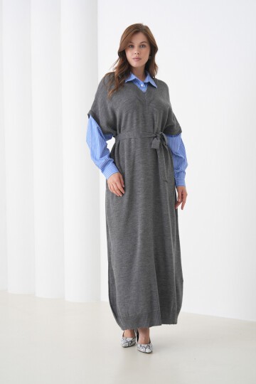 Kadın Uzun Kol Gömlek Yaka İçi Gömlekli Triko Kuşaklı Triko Spor Şık Elbise