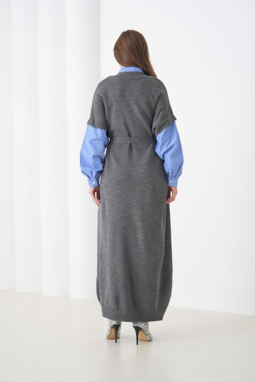 Kadın Uzun Kol Gömlek Yaka İçi Gömlekli Triko Kuşaklı Triko Spor Şık Elbise