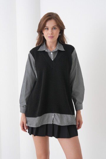 Kadın Uzun Kol Gömlek Yaka İçi Gömlekli Triko Yelekli Spor Şık Gömlek Kazak