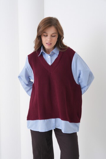 Kadın Uzun Kol Gömlek Yaka İçi Gömlekli Triko Yelekli Spor Şık Gömlek Kazak