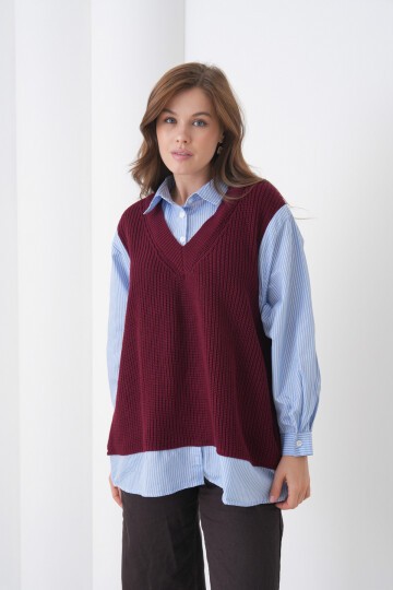 Kadın Uzun Kol Gömlek Yaka İçi Gömlekli Triko Yelekli Spor Şık Gömlek Kazak