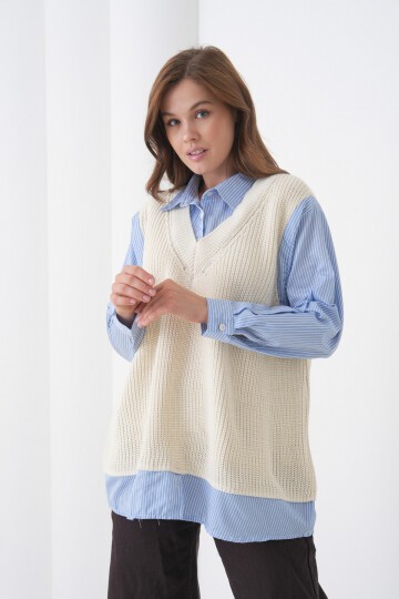 Kadın Uzun Kol Gömlek Yaka İçi Gömlekli Triko Yelekli Spor Şık Gömlek Kazak