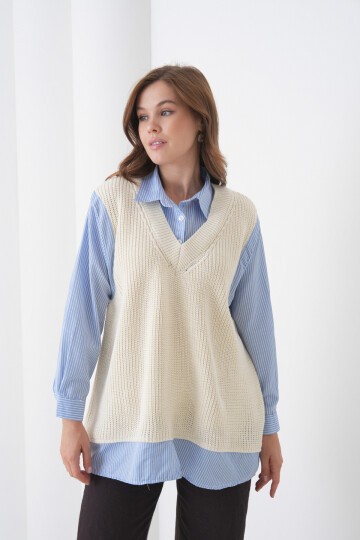 Kadın Uzun Kol Gömlek Yaka İçi Gömlekli Triko Yelekli Spor Şık Gömlek Kazak