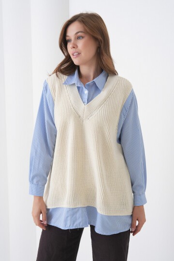 Kadın Uzun Kol Gömlek Yaka İçi Gömlekli Triko Yelekli Spor Şık Gömlek Kazak