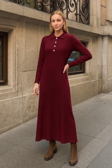 Kadın Uzun Kol Gömlek Yaka Triko Önden Düğmeli Triko Spor Şık Elbise