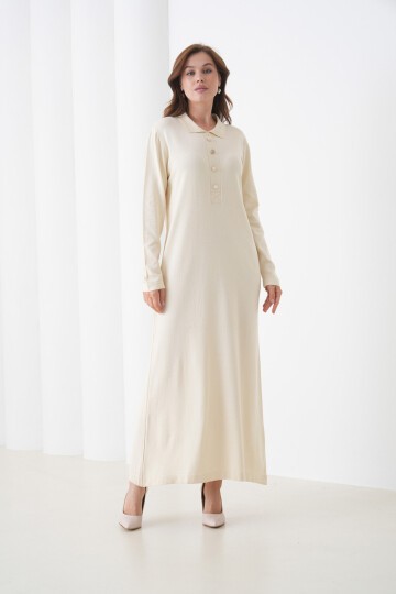 Kadın Uzun Kol Gömlek Yaka Triko Önden Düğmeli Triko Spor Şık Elbise