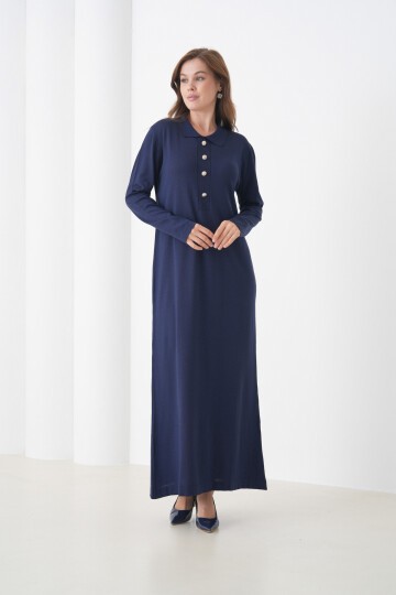 Kadın Uzun Kol Gömlek Yaka Triko Önden Düğmeli Triko Spor Şık Elbise