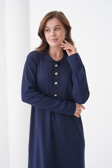 Kadın Uzun Kol Gömlek Yaka Triko Önden Düğmeli Triko Spor Şık Elbise