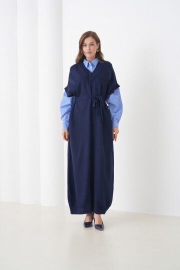 Kadın Uzun Kol Gömlek Yaka İçi Gömlekli Triko Kuşaklı Triko Spor Şık Elbise