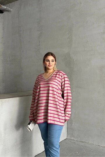 Kadın V Yaka Büyük Beden Oversize Kalıp Geniş Tunik Boy Yırtmaçlı Çizgili Uzun Kol Curve Yumoş Bluz