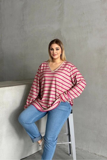 Kadın V Yaka Büyük Beden Oversize Kalıp Geniş Tunik Boy Yırtmaçlı Çizgili Uzun Kol Curve Yumoş Bluz