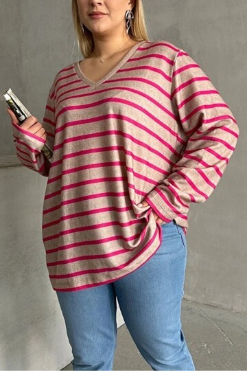 Kadın V Yaka Büyük Beden Oversize Kalıp Geniş Tunik Boy Yırtmaçlı Çizgili Uzun Kol Curve Yumoş Bluz