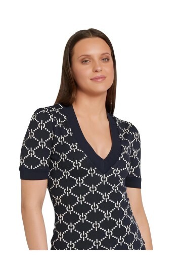 Kadın V Yaka Desenli Yarım Kol Triko Süveter Bluz