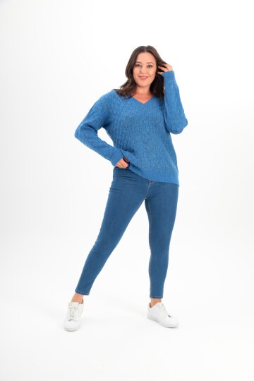 Kadın V Yaka Dokulu Büyük Beden Uzun Kol Rahat Kalıp Curve Spor Şık Kışlık Kazak