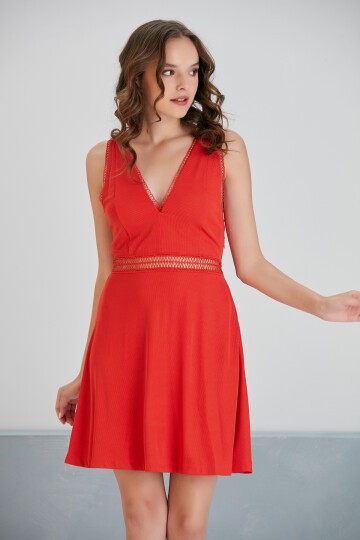 Kadın V Yaka Dokulu Yazlık Bel Detaylı A Kesim Nar Çiçeği Spor Şık Fermuarlı Askılı Tasarım Elbise