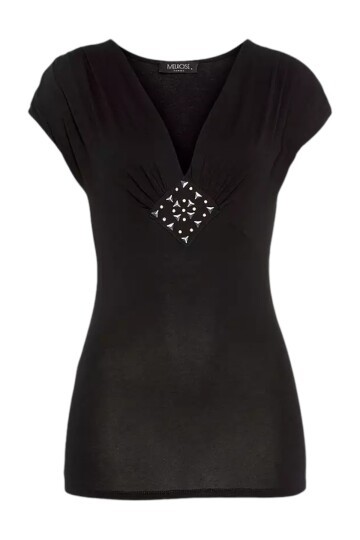 Kadın V Yaka Önü Taşlı Spor Şık Gece Gündüz Siyah Basic Bluz