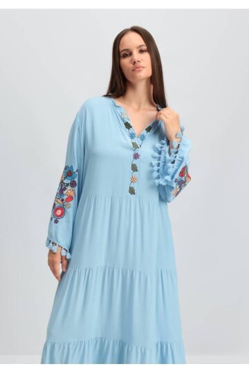 Kadın V Yaka Uzun Kol Çiçek Nakışlı Tesettüre Uygun Curve Büyük Beden Maxi Elbise