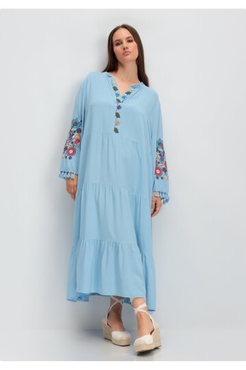 Kadın V Yaka Uzun Kol Çiçek Nakışlı Tesettüre Uygun Curve Büyük Beden Maxi Elbise