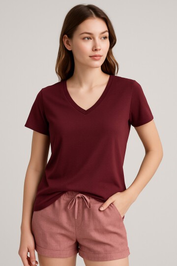 Kadın V Yaka Yarım Kol Basic Günlük Pamuk Düz Yazlık Tshirt Rahat Bluz