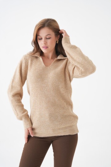 Kadın V Yakalı Basic Uzun Kol Rahat Kalıp Spor Şık Kazak