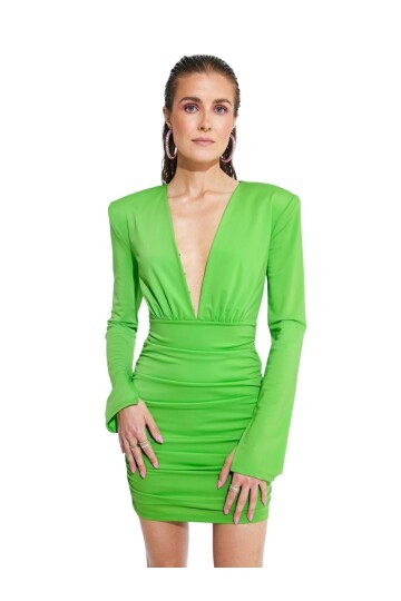 Kadın Vatkalı Uzun Kol Spor Şık V Yaka Vücudu Saran Mini Elbise