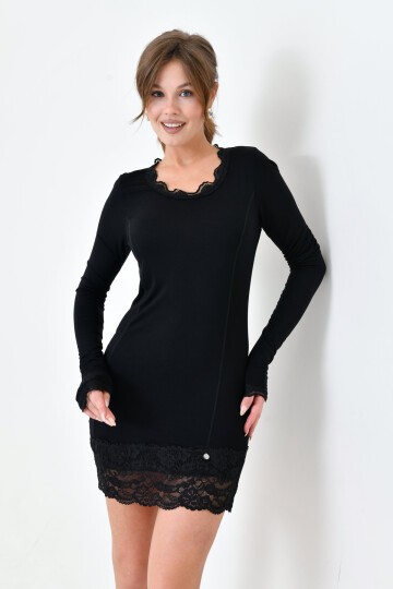 Kadın Viskon Dantel Detaylı Uzun Kol Curve Spor Şık Bluz Tunik