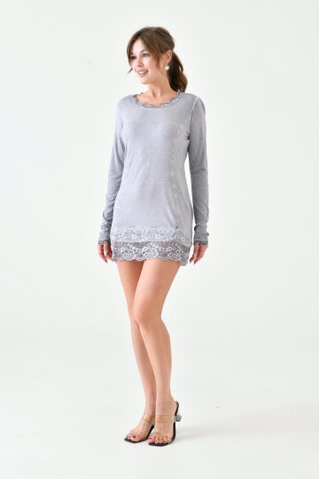 Kadın Viskon Dantel Detaylı Uzun Kol Curve Spor Şık Bluz Tunik