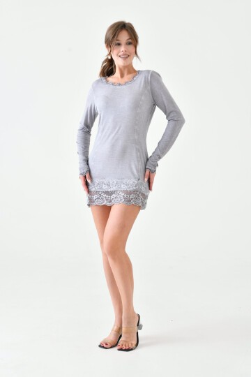 Kadın Viskon Dantel Detaylı Uzun Kol Curve Spor Şık Bluz Tunik