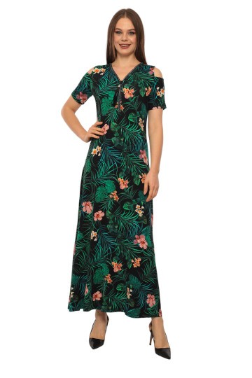 Kadın Yaka Taşlı Fermuarlı Spor Şık Maxi Boy Viskon Siyah Yeşil Curve Elbise