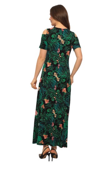 Kadın Yaka Taşlı Fermuarlı Spor Şık Maxi Boy Viskon Siyah Yeşil Curve Elbise