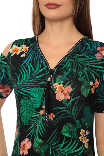 Kadın Yaka Taşlı Fermuarlı Spor Şık Maxi Boy Viskon Siyah Yeşil Curve Elbise