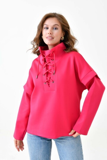 Kadın Yakası Bağcıklı Scuba Oversize Spor Şık Tasarım Sweatshirt