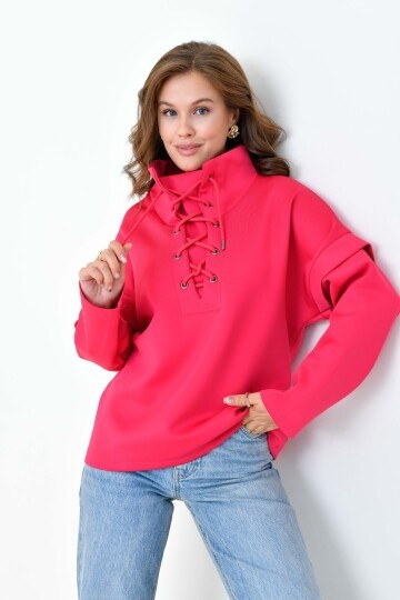 Kadın Yakası Bağcıklı Scuba Oversize Spor Şık Tasarım Sweatshirt