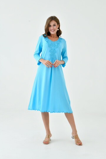 Kadın Yakası Güpürlü A Kesim Yarım Kol Viskon Günlük Midi Boy Büyük Beden Elbise Gecelik