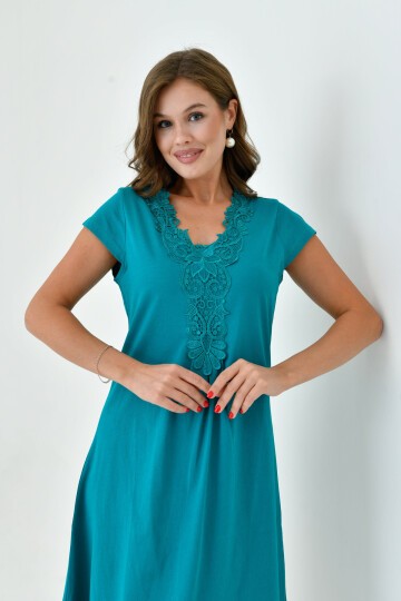 Kadın Yakası Güpürlü A Kesim Yarım Kol Viskon Günlük Midi Boy Büyük Beden Elbise Gecelik