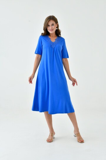 Kadın Yakası Güpürlü A Kesim Yarım Kol Viskon Günlük Midi Boy Büyük Beden Elbise Gecelik