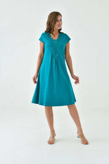 Kadın Yakası Güpürlü A Kesim Yarım Kol Viskon Günlük Midi Boy Büyük Beden Elbise Gecelik