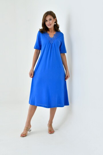 Kadın Yakası Güpürlü A Kesim Yarım Kol Viskon Günlük Midi Boy Büyük Beden Elbise Gecelik