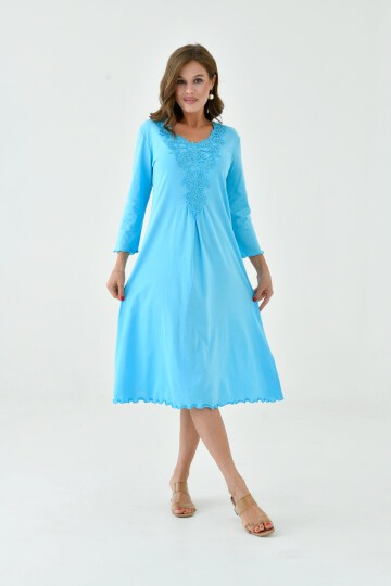 Kadın Yakası Güpürlü A Kesim Yarım Kol Viskon Günlük Midi Boy Büyük Beden Elbise Gecelik