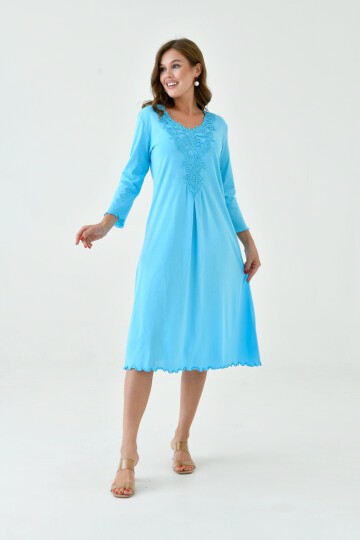 Kadın Yakası Güpürlü A Kesim Yarım Kol Viskon Günlük Midi Boy Büyük Beden Elbise Gecelik